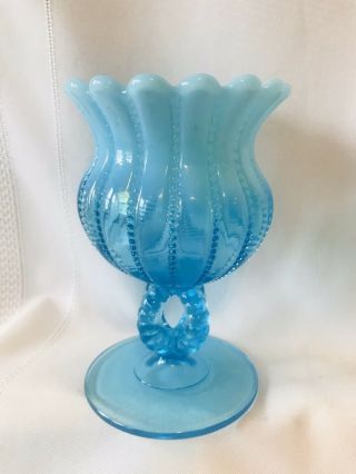 Vtg Northwood Blue Opalescent Glass Opal Open Beaded Panel Rose Bowl Vase 5.  25”