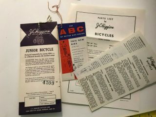 Vintage J.  C.  Higgins Bicycle Bike Hangers & Instructions - 1940 