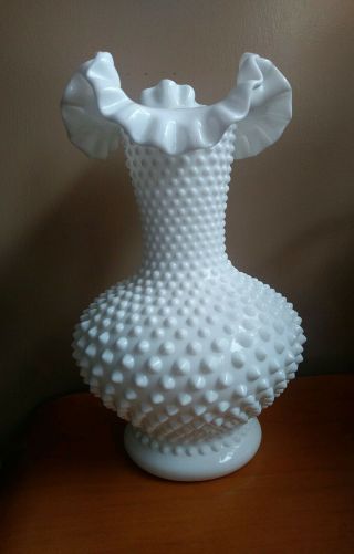 Vintage Fenton Hobnail Ruffled Edge White Milk Glass Vase Euc 10 7/8 "