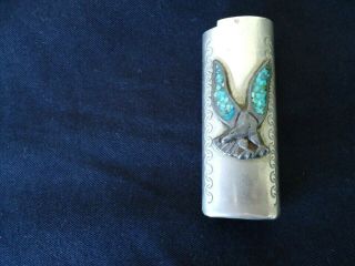 Vintage Nickel Silver Esco Bic Lighter Case Turquoise Inlay Bird Wings,  Scroll