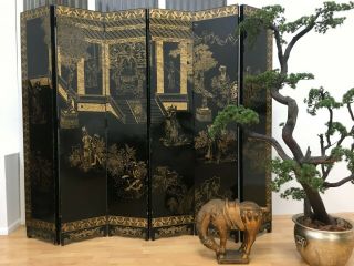 Vtg Asian Chinese Chinoiserie Gold Gilt 6 - Panel Folding Screen Room Divider