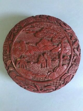 Round Chinese Cinnabar Red Lacquered Box With Carved Scene Scholars Garden