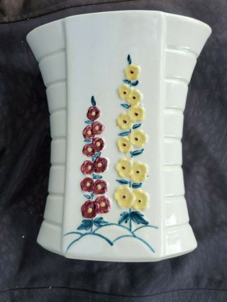 Abingdon Pottery 496 Cream Vase Hollyhocks Red & Yellow Flowers Vintage 7 " Tall