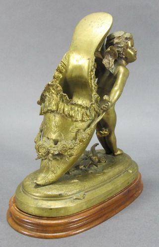 Antique 19th C Gilt Bronze Cupid w/Ladies Ornate Shoe Mantle Spill Vase RARE yqz 3