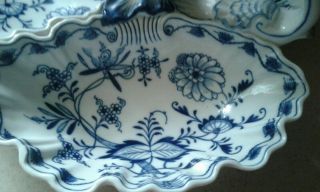 Antique Large Meissen Porcelain Blue Onion 3 part handled serving Dish shell 3