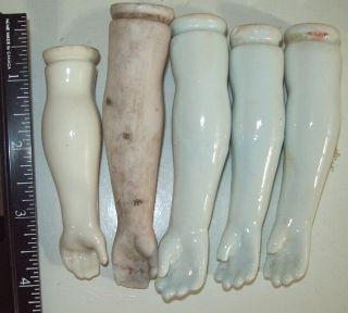 5 Antique German China Doll Arms 4 Glazed 1 Unglazed For Up To 22 " Size Doll