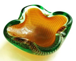 Vintage Controlled Bubble - Art Glass Dish Or Ashtray - Amber Glass,  Green Edge