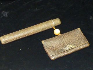 Japanese Meiji Period Leather Tobacco Pouch & Kiseru - Zutsu Pipe Case