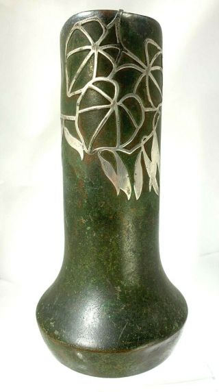 Antique Arts & Crafts Heintz Metal Shop Silver On Bronze Flower Bulbous Vase
