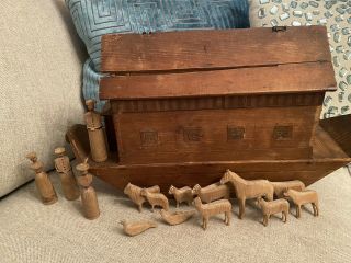 Large Early Antique Primitive Wooden Handmade Noah’s Ark Toy With Figures