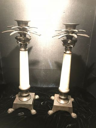 Ornate Bronze And Marble Candlesticks With Lion Paw Feet And Palm Leaves