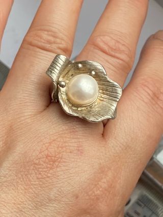 Vintage 925 Mark Sterling Silver Pearl Flower Ring - Uk Size P