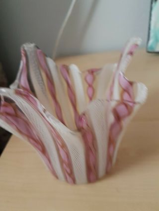 Vintage Large Hand Blown Art Glass Vase Pink Striped