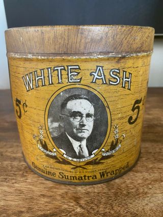 Vintage White Ash Cigar Tobacco Tin Advertising Canister