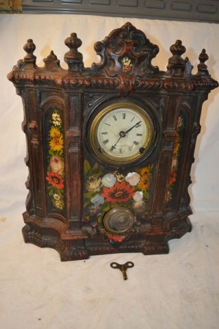 Antique American Clock Co Cast Iron Floral Painted Mantle Clock Inlaid Mop