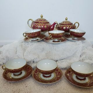 Antique Nippon Japan Raised Gold Gilt Moriage Porcelain Tea Set 14 Piece