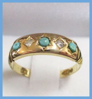 Fine Antique Birmingham 1876 Solid 18ct Gold Turquoise And Diamond Ring 18 Carat