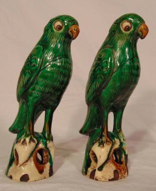 Pair Antique Chinese Sancai Pottery Porcelain Parrots Figures Roof Tiles Green