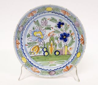 Antique 18thc Dutch Delft Pottery Polychrome Pan Cake Plate Dish