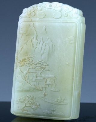 SUPERBLY CARVED CHINESE CELADON JADE MOUNTAIN LANDSCAPE PENDANT PLAQUE 2