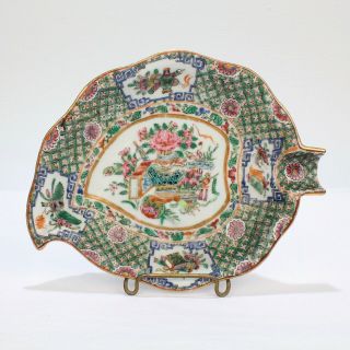 Antique Famille Verte Chinese Export Porcelain Leaf Shape Spoon Plate - Pc