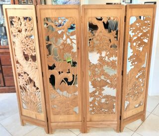 Japanese Antique Wood Carving Folding Screen (byoubu) 4 Panels Softwood