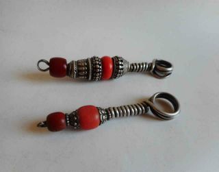 Antique Tibet Top High Aged Silver And Red Coral Decorated Ear Ornaments