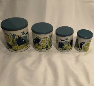 Vintage 4 Piece Metal Canister Set Lime Green And Blue Vegetable Graphics