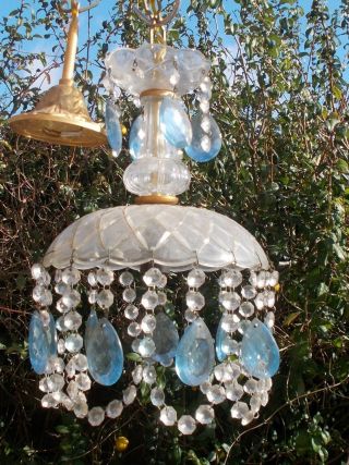 Small Antique Italian Chandelier With Blue Crystal Glass Drops
