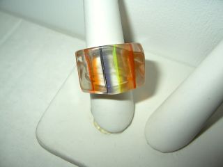 2 Vintage Retro Lucite Plastic Orange - Yellow Striped & Clear Dried Flower Rings