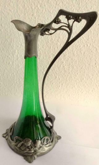 Fabulous Wmf Secessionist Art Nouveau Claret Jug: Maiden Heads: Green Glass