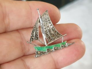Vintage Art Deco Jewellery Sparkling Marcasite Sail Boat Solid Silver Brooch Pin