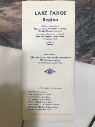Vtg 1950s Lake Tahoe Region Aaa Map Double Side Yellow Color