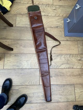 Large Vintage Leather 48 Inch Rifle Shotgun Case With Strap Fleece Lined