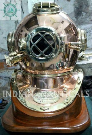Us Navy Model Mark V Copper Brass 18 " Diving Divers Helmet With Wooden Base Rc05
