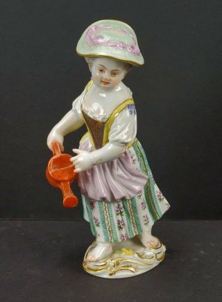 Antique Meissen Girl W/ Watering Can Hand Painted Porcelain Figurine