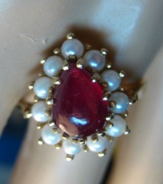 Elegant Antique 2 - Ct Lipstick Red Natural Ruby 14k Gold Luscious Seed Pearl Ring