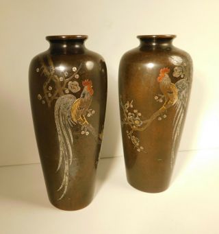 MEIJI PERIOD BRONZE MIXED METAL INLAID GOLD SILVER JAPANESE VASE SET (2) SIGNED 2