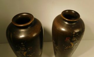 MEIJI PERIOD BRONZE MIXED METAL INLAID GOLD SILVER JAPANESE VASE SET (2) SIGNED 3