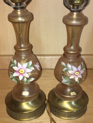 Pair Antique German Pink Depression Glass Hp Floral Boudoir Table Lamp Shade Vtg