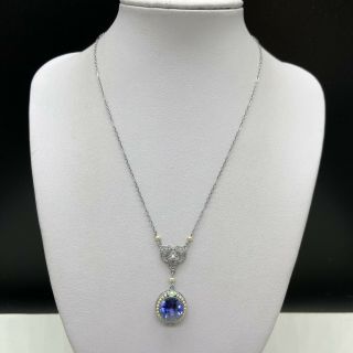 Antique Vintage 10k White Gold Seed Pearl Filigree Necklace Cornflower Sapphire