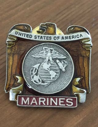 Vintage Pewter Enamel United States Marine Corps Lapel Pin Usmc Us Marines Badge