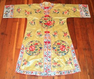 Vtg Antique Embroidered Yellow Silk Robe Chinese Exquisite Peonies Textile Sze L