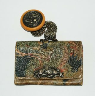 Antique Japanese Sagemono Tobacco Pouch Matching Dragon Meiji Kagamibuta Manju