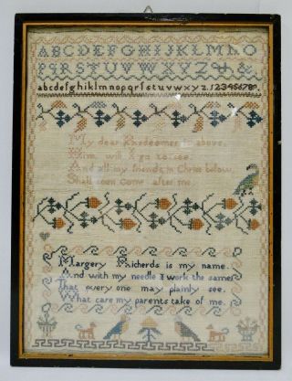 Antique Victorian Alphabet ± 1860 Textiles Sampler Needlework Framed