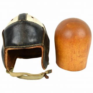 Rare 1940s Harry Gilmer Dubow Leather Football Helmet W/ Wooden Hat Block Vtg