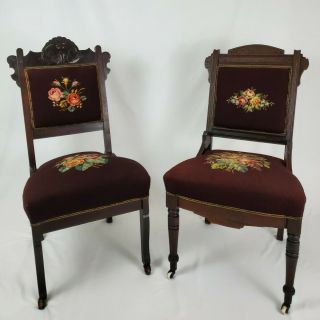 Antique Victorian Carved Walnut And Needlepoint Dining Parlor Chairs Pair 1800 