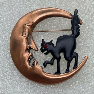 Vintage Black Cat On Man In Moon Brooch Pin Rhinestone Enamel Copper Jewelry