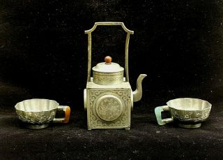 Antique Chinese Pewter Tea Pot And Two 2 Cups Jade Handle Guangming Qing Dynasty