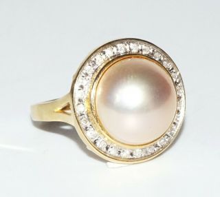 Vintage 14k Yellow Gold Ring Sz 8 W 1x Mabe Pearl 24x Diamonds Accents (sar) 364